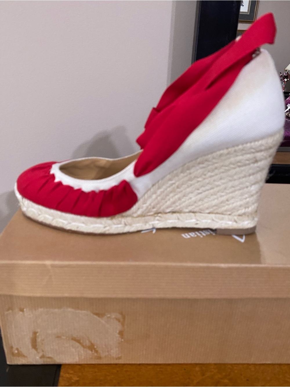 Christian Louboutin Red and White Espadrille Wedge with Ankle Tie